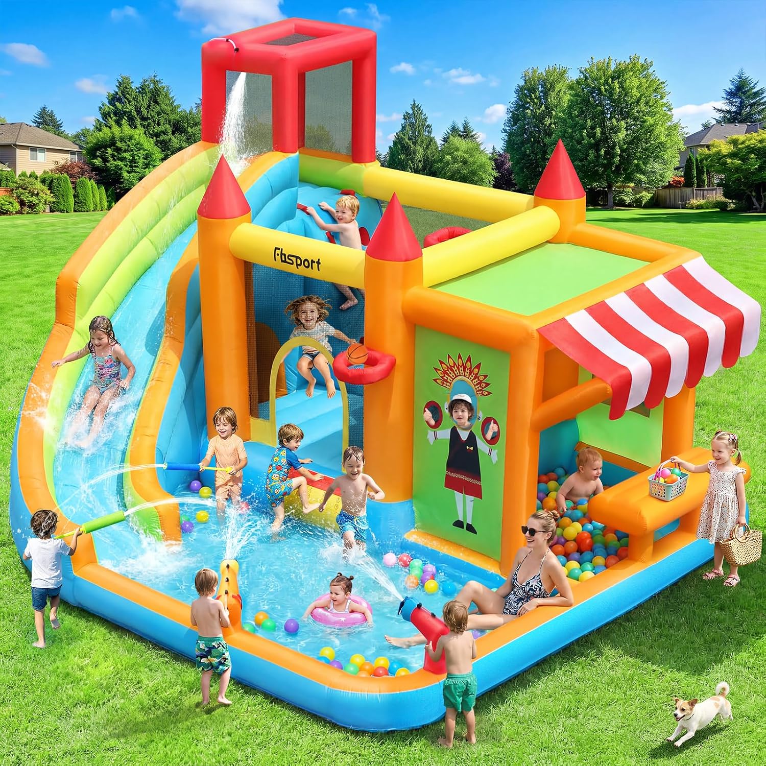Kids Toys House - Nadmuchiwana zjeżdżalnia wodna z dmuchanym domkiem,